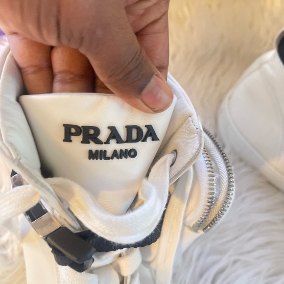 Prada White High-Top Sneakers with Black Strap - Picture 10 of 14